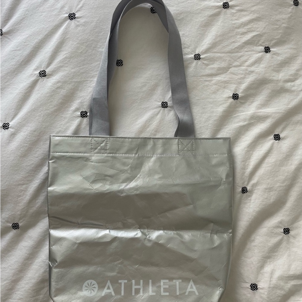 Athleta reusable silver white bag